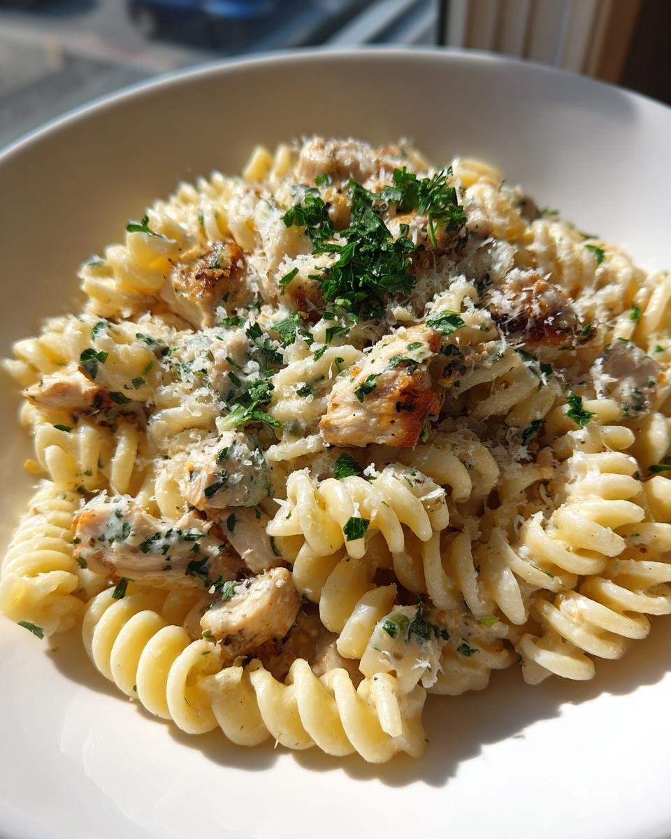 Close-up of Irresistible Chicken Caesar Pasta Salad Recipe Delight with fusilli pasta, grilled chicken, and parmesan.
