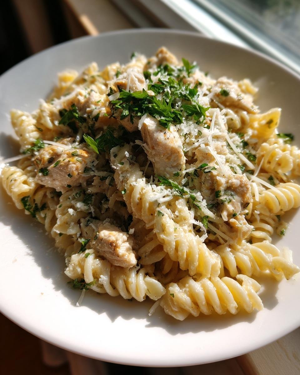 A close-up of Irresistible Chicken Caesar Pasta Salad Recipe Delight featuring fusilli pasta, chicken pieces, and grated Parmesan cheese.