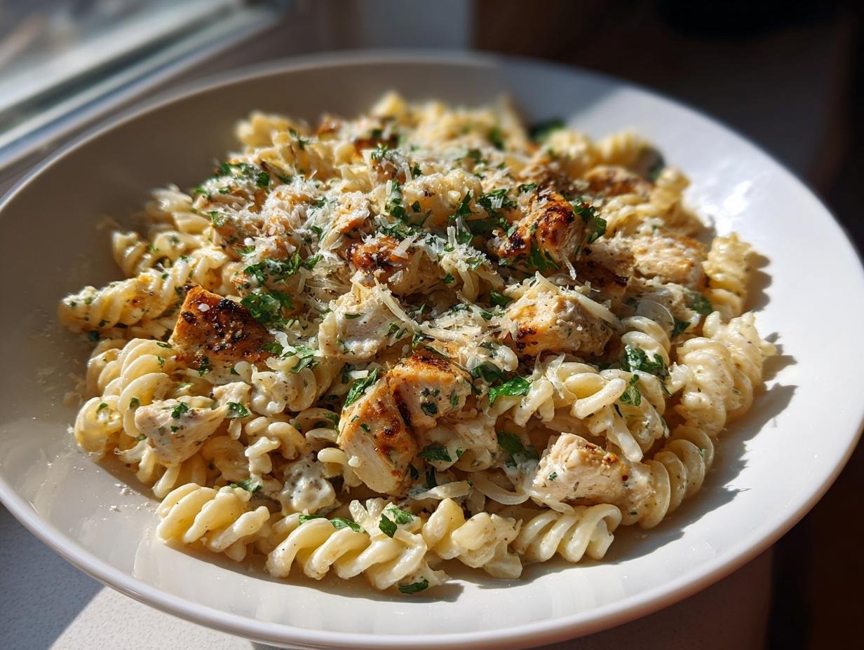 A close-up of Irresistible Chicken Caesar Pasta Salad Recipe Delight featuring fusilli pasta, grilled chicken chunks, and Parmesan cheese.