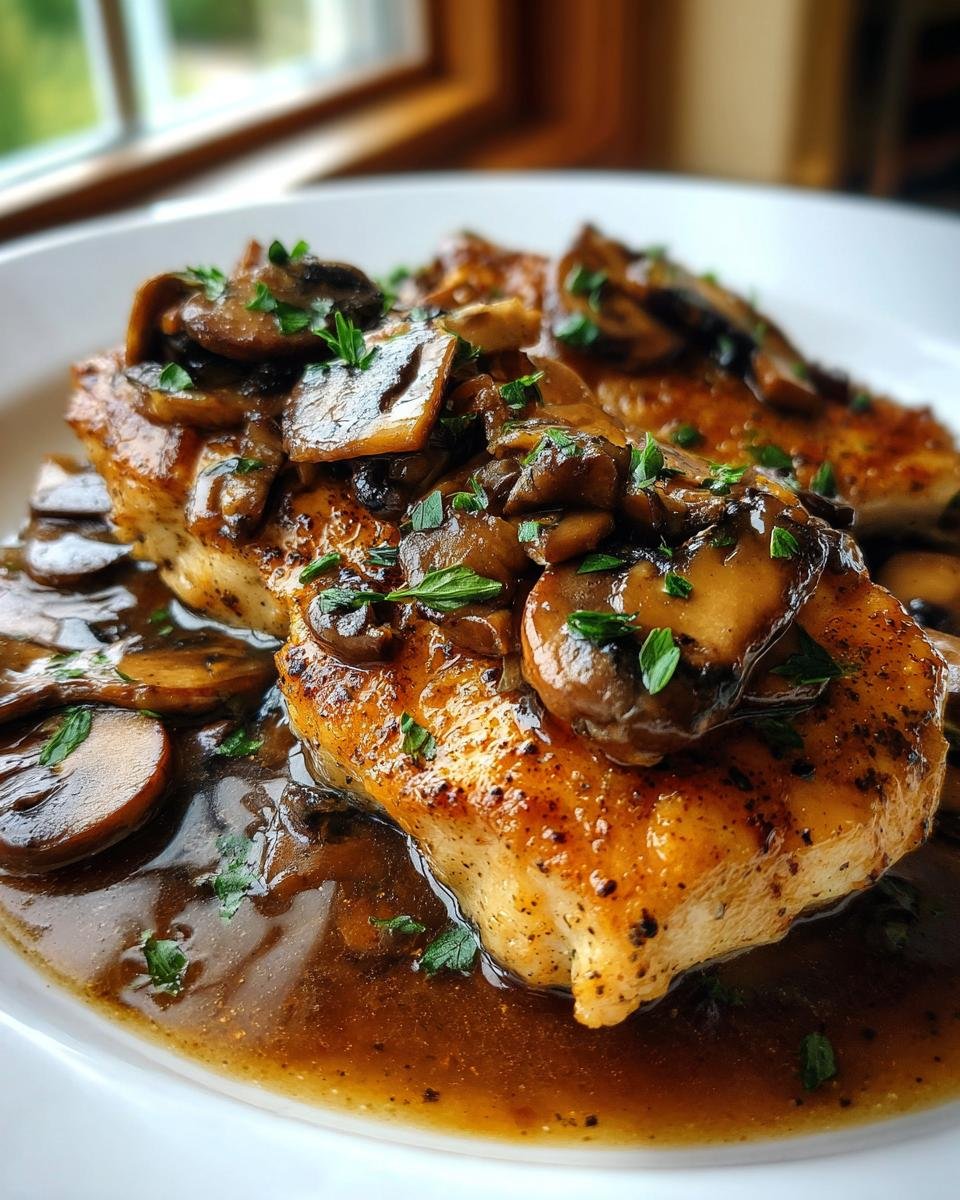 Close-up of pan-seared chicken breast covered in rich Marsala sauce and sliced mushrooms for an Irresistible Chicken Marsala Recipe.
