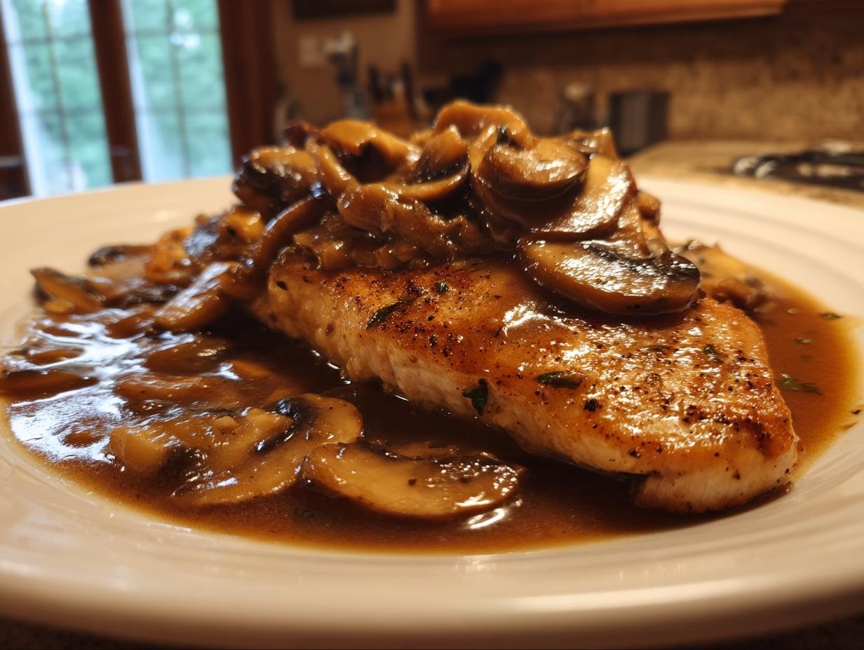 Close-up of a perfectly seared chicken breast smothered in rich brown sauce and sliced mushrooms from the Irresistible Chicken Marsala Recipe.