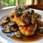 Close-up of breaded chicken cutlets smothered in rich Marsala sauce and saut&eacute;ed mushrooms for the Irresistible Chicken Marsala Recipe.