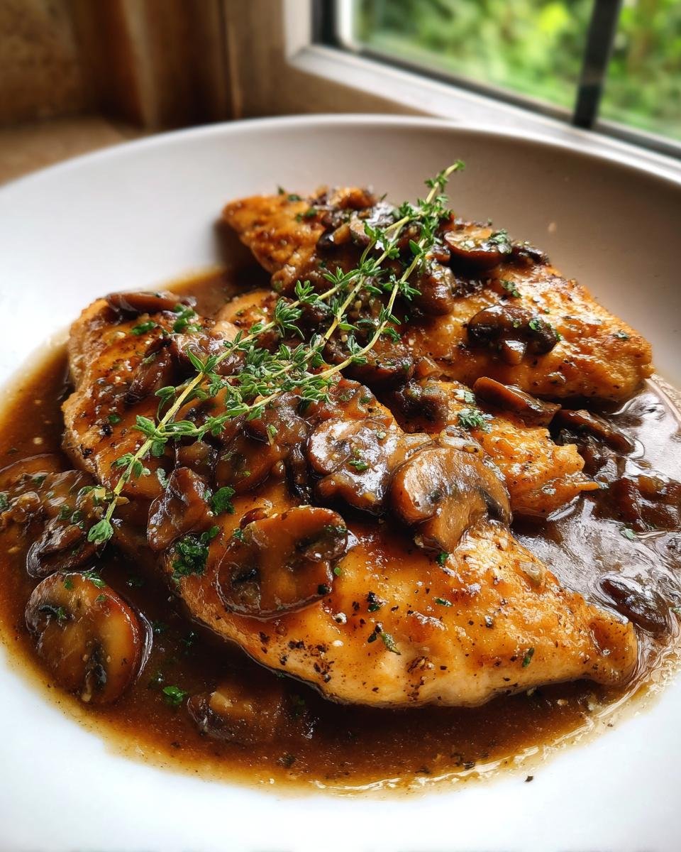 Close-up of Irresistible Chicken Marsala Recipe, featuring pan-seared chicken breasts covered in rich mushroom Marsala sauce and fresh thyme.