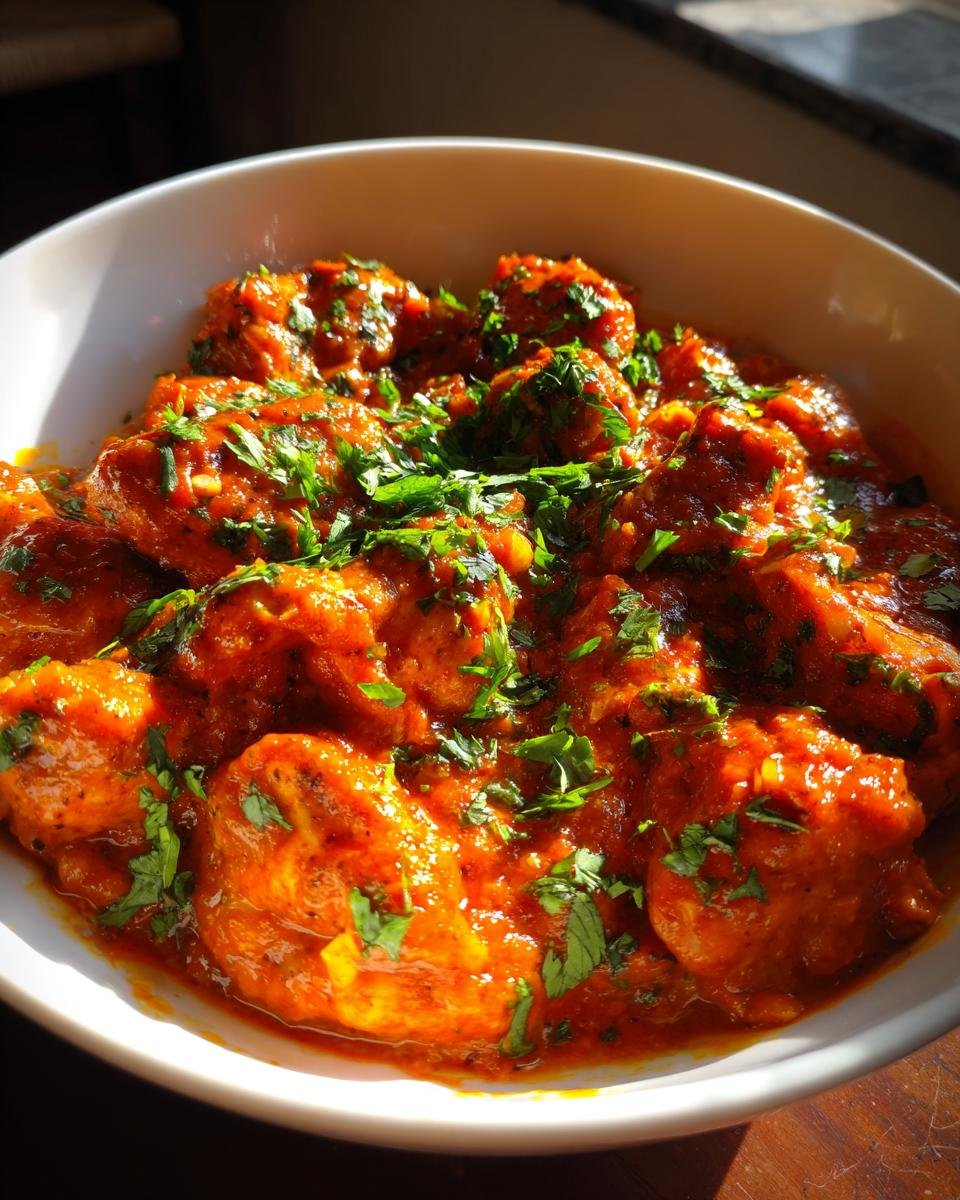 Close-up of rich, orange-red Irresistible Chicken Masala recipe served in a white bowl and garnished with fresh cilantro.