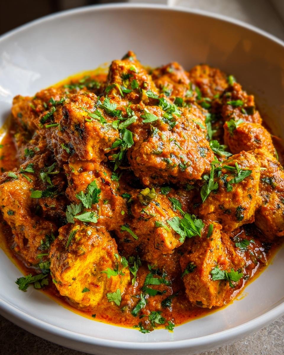 Close-up of rich, orange-red Irresistible Chicken Masala recipe garnished generously with fresh chopped cilantro.