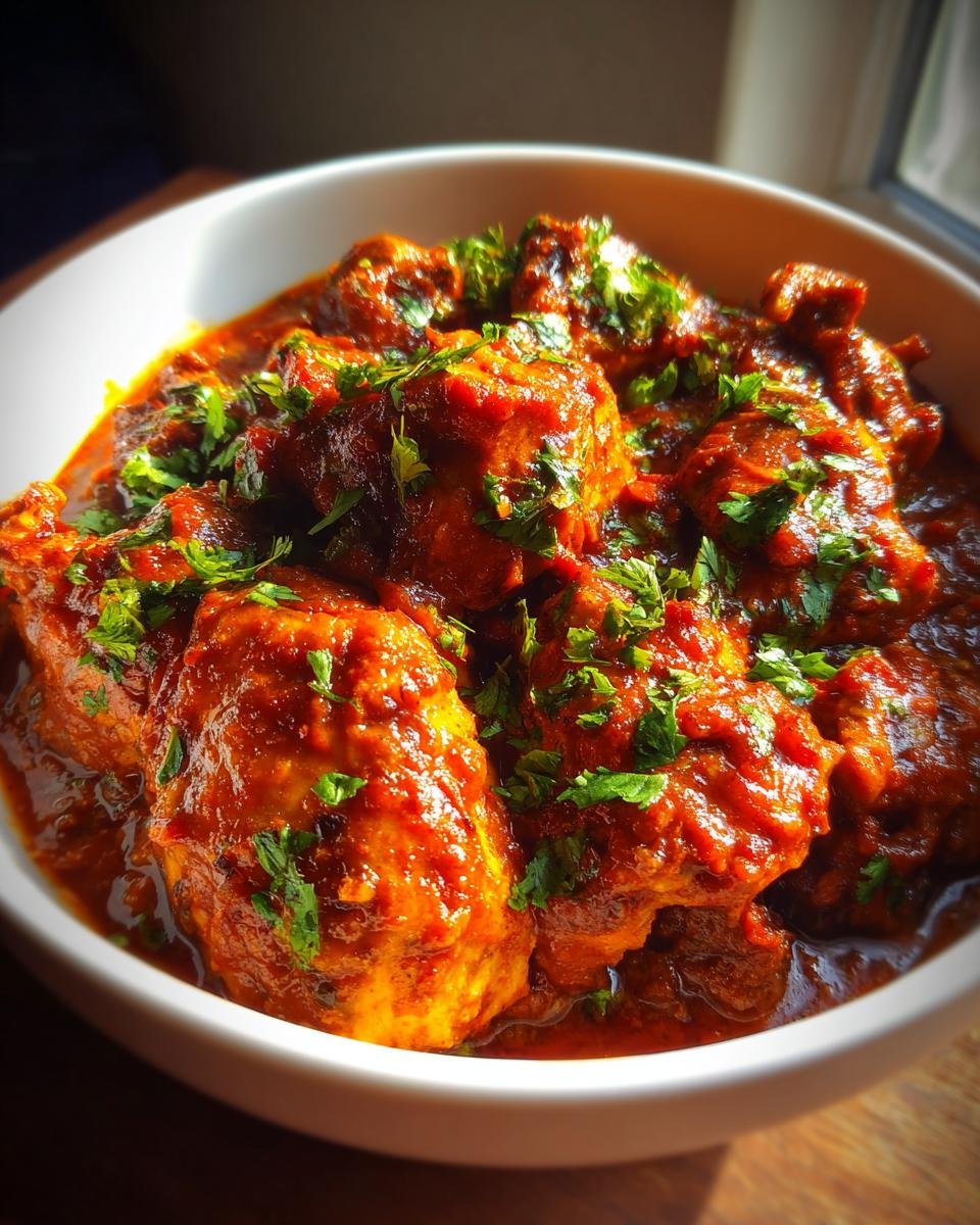 A close-up of rich, red Irresistible Chicken Masala Recipe served in a white bowl and garnished with fresh cilantro.