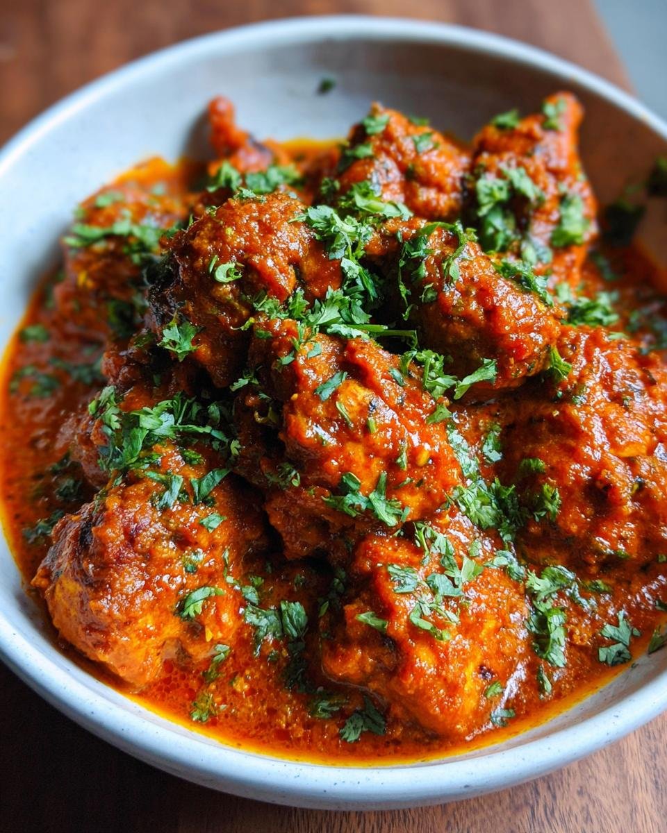 Close-up of rich, red Irresistible Chicken Masala Recipe garnished with fresh cilantro.