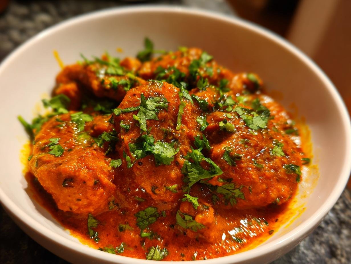 Close-up of rich, orange-red Irresistible Chicken Masala Recipe garnished with fresh cilantro in a white bowl.