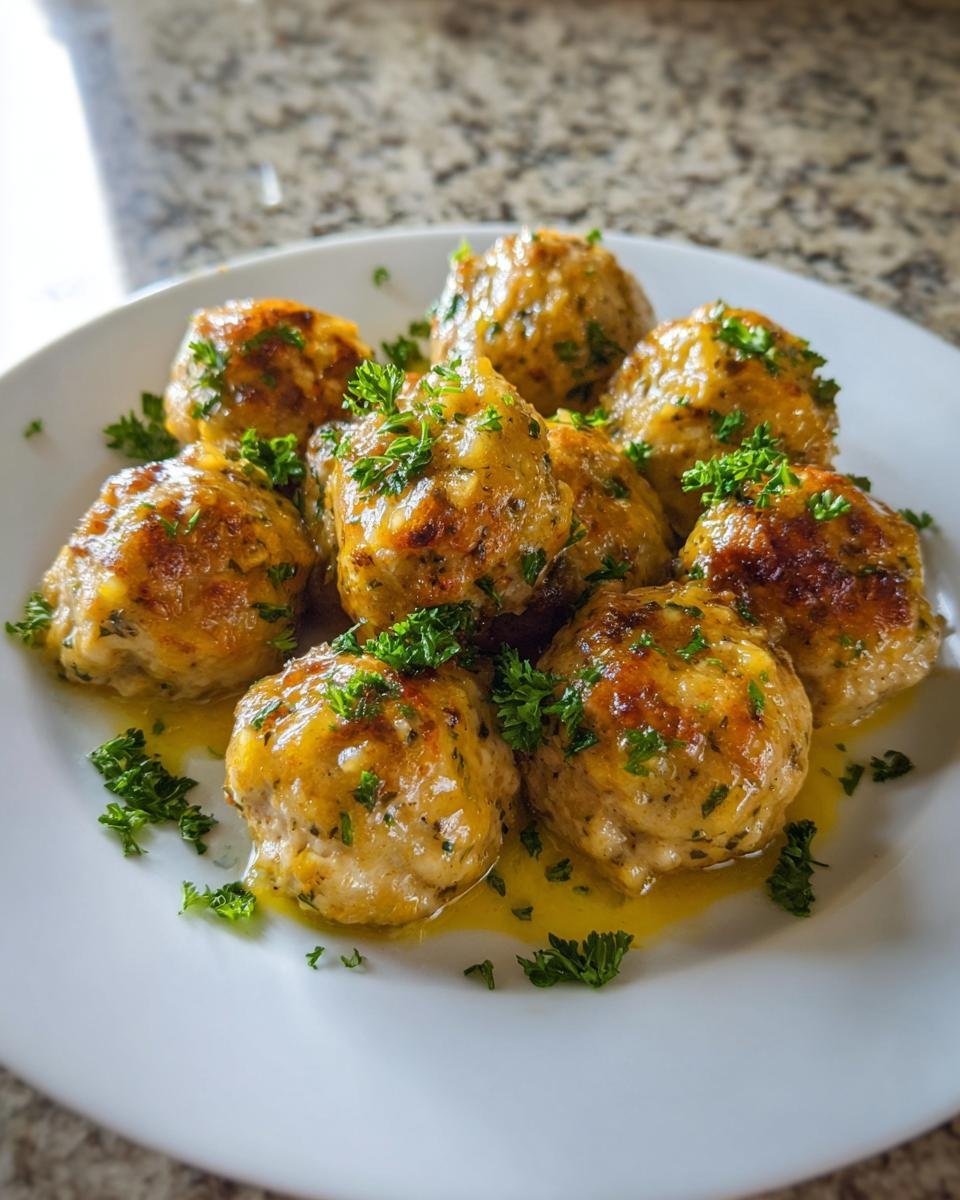 A close-up of several golden-brown Irresistible Chicken Piccata Meatballs resting in a light sauce and garnished with fresh parsley.