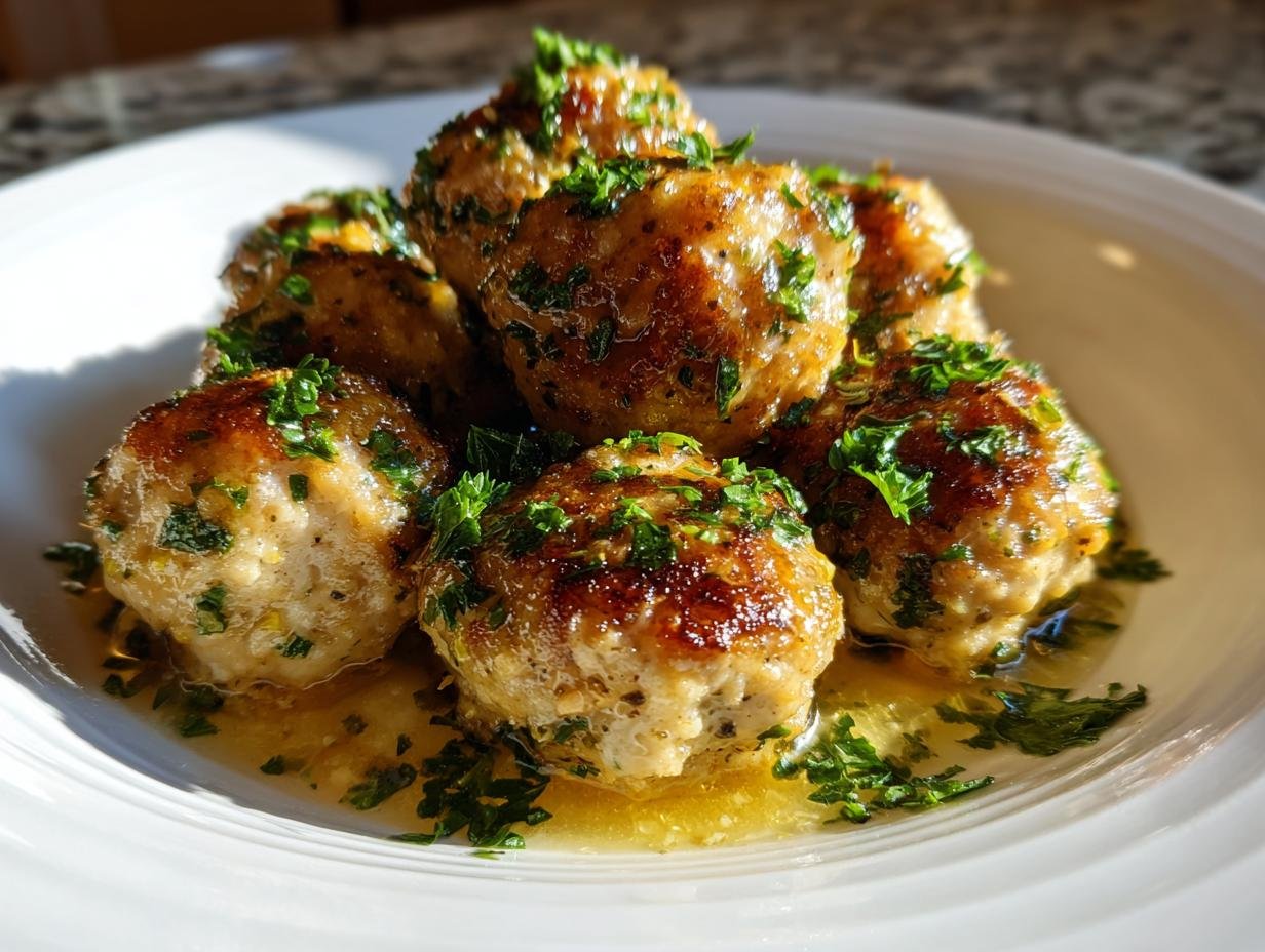 A stack of golden-brown Irresistible Chicken Piccata Meatballs garnished with fresh parsley in a lemon butter sauce.