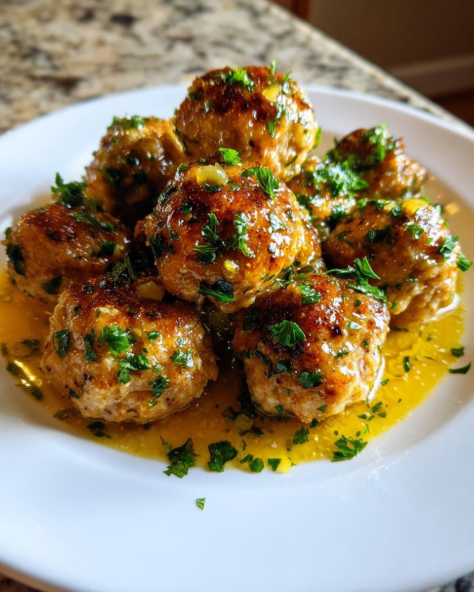 A close-up of several Irresistible Chicken Piccata Meatballs glazed in a bright, buttery lemon sauce and topped with fresh parsley.