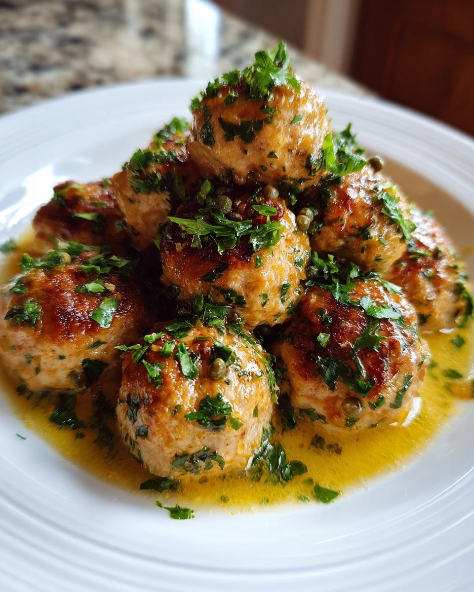 A mound of Irresistible Chicken Piccata Meatballs served in a bright lemon-butter sauce and topped with fresh parsley and capers.