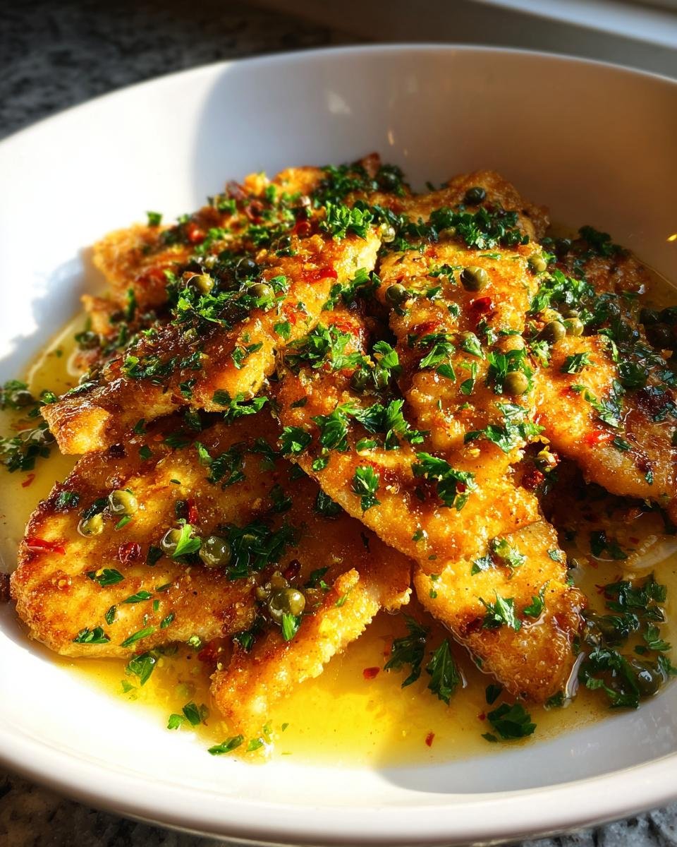 Golden brown pieces of Irresistible Chicken Scallopini served in a bright lemon-butter sauce, topped with fresh parsley and capers.