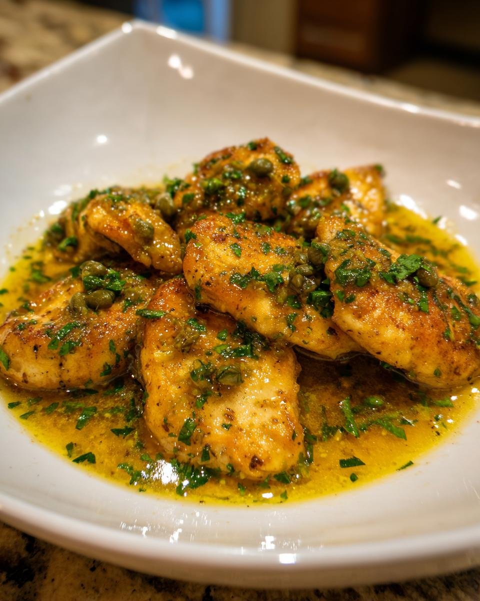 Close-up of golden brown Irresistible Chicken Scallopini pieces swimming in a bright lemon-butter sauce topped with capers and parsley.