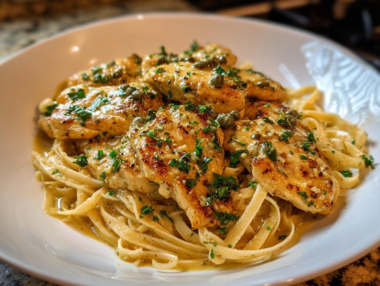 Close-up of Irresistible Chicken Scallopini pieces topped with capers and parsley, served over a bed of fettuccine pasta.