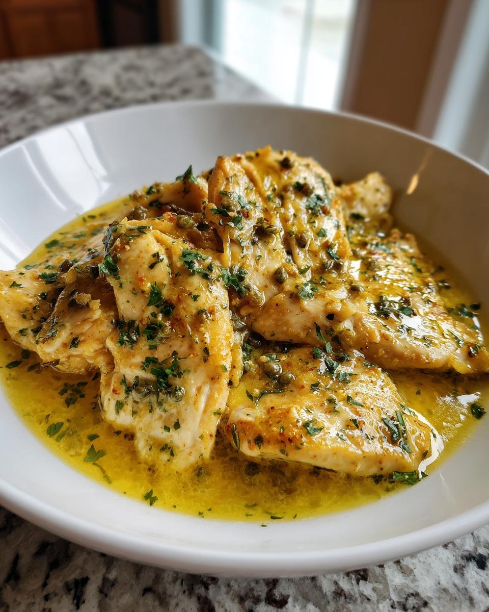 Close-up of Irresistible Chicken Scallopini pieces swimming in a bright lemon-butter sauce with capers and parsley.