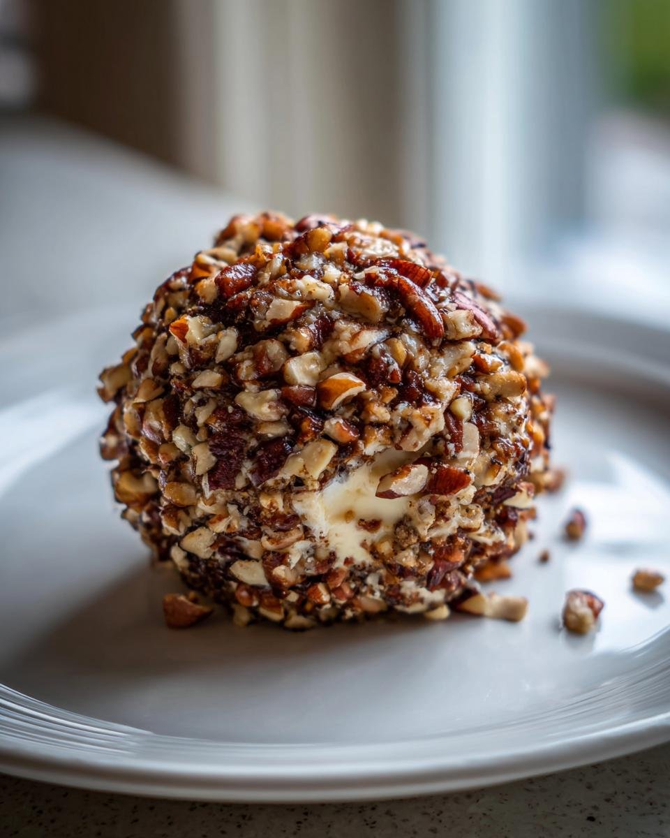 A close-up of the Irresistible Chipped Beef Cheeseball coated entirely in chopped pecans and walnuts, resting on a white plate.
