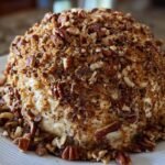 Close-up of an Irresistible Chipped Beef Cheeseball completely coated in chopped pecans and spices.
