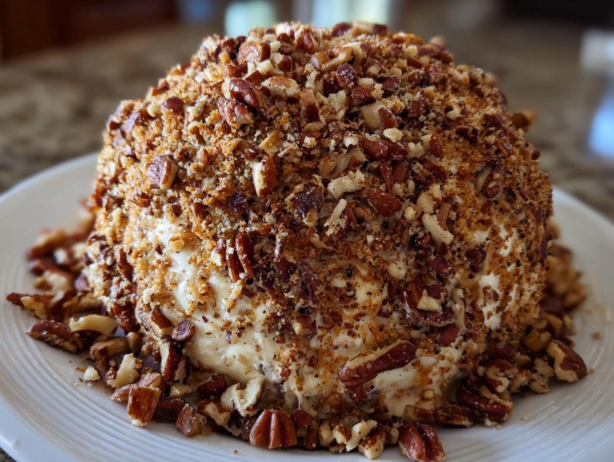 Close-up of an Irresistible Chipped Beef Cheeseball completely coated in chopped pecans and spices.