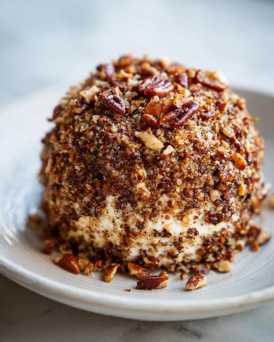 Close-up of an Irresistible Chipped Beef Cheeseball coated entirely in chopped pecans and spices.