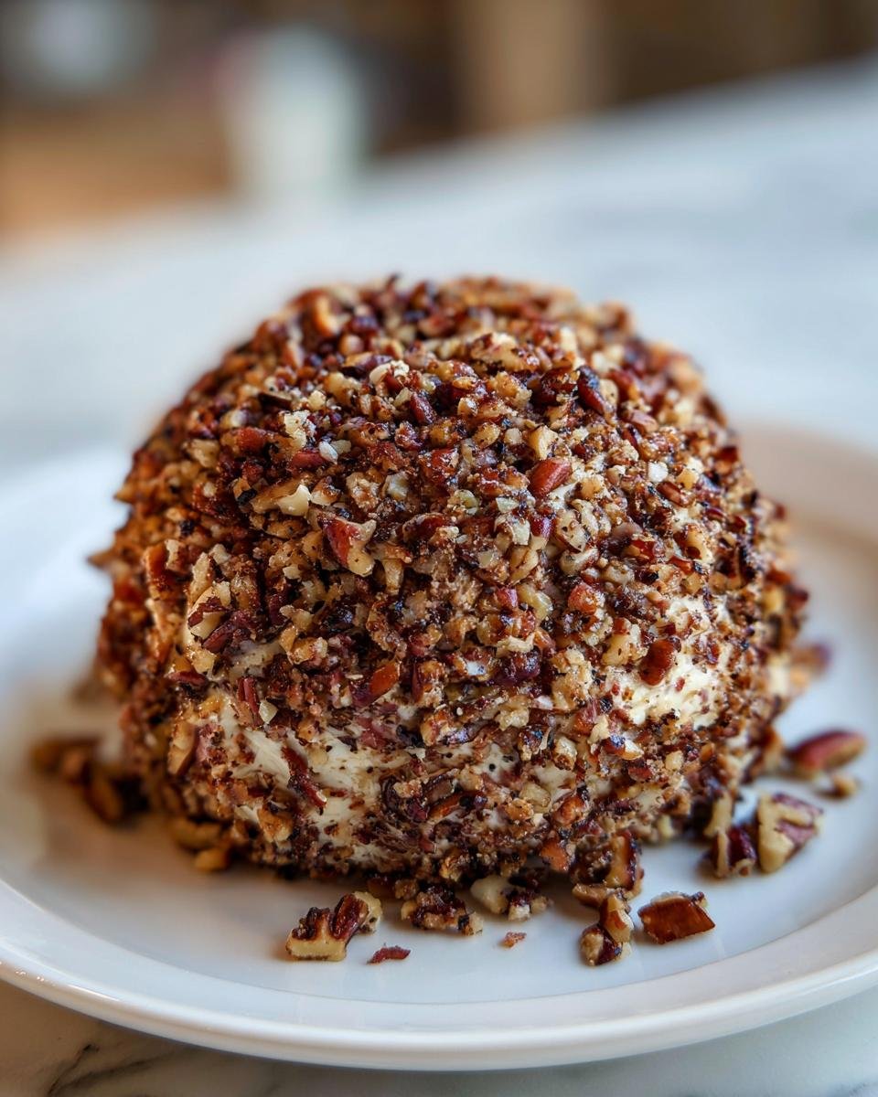 A perfectly formed Irresistible Chipped Beef Cheeseball heavily coated in chopped pecans on a white plate.