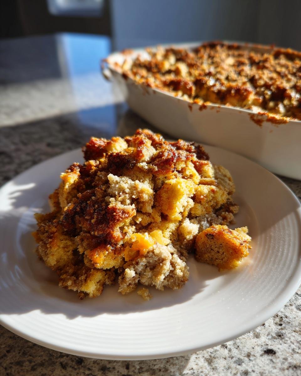 A serving of the Irresistible Chorizo Dressing Casserole with a golden, crumbly topping on a white plate.