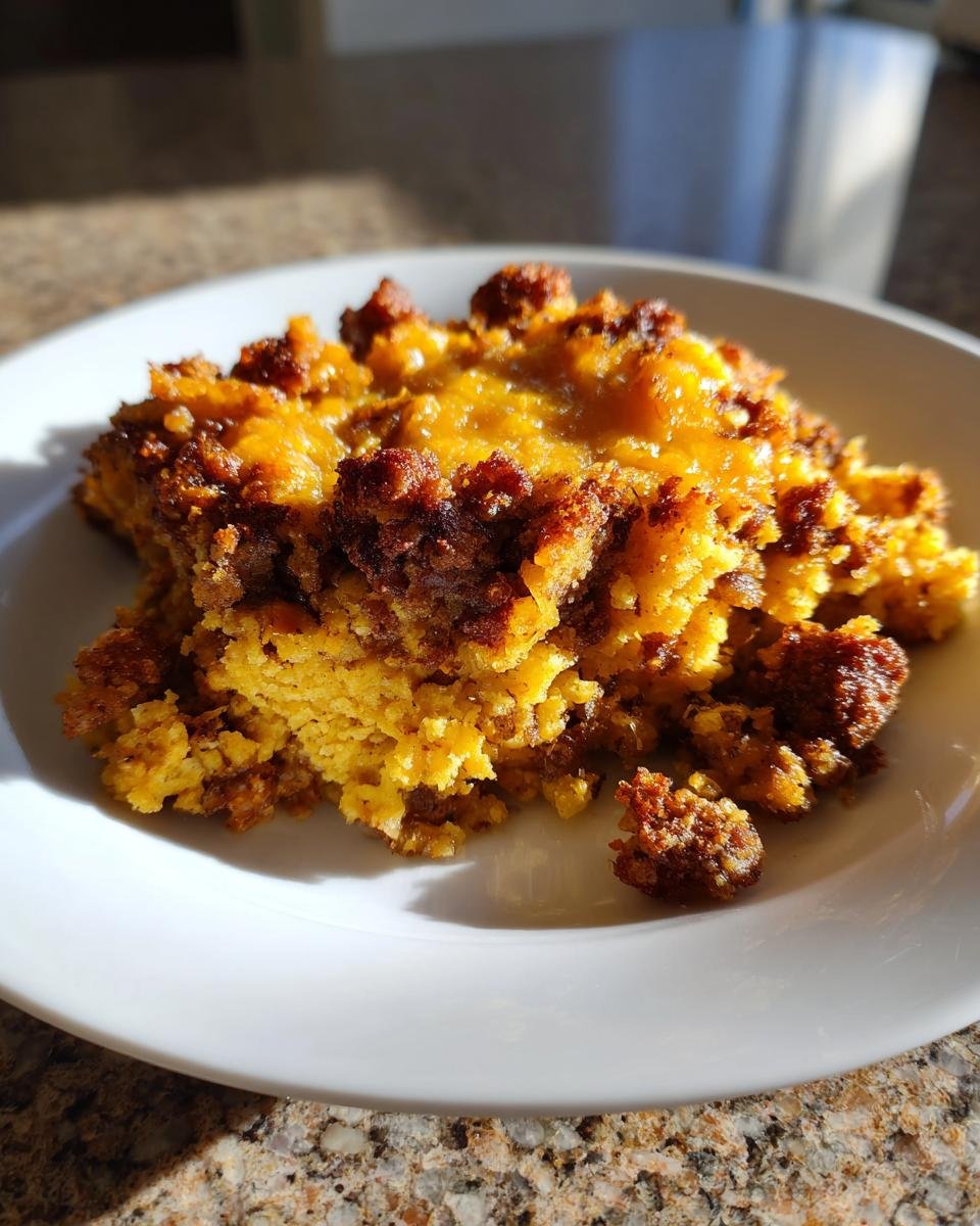 A close-up serving of the Irresistible Chorizo Dressing Casserole, showing a moist, golden base topped with browned chorizo crumbles.