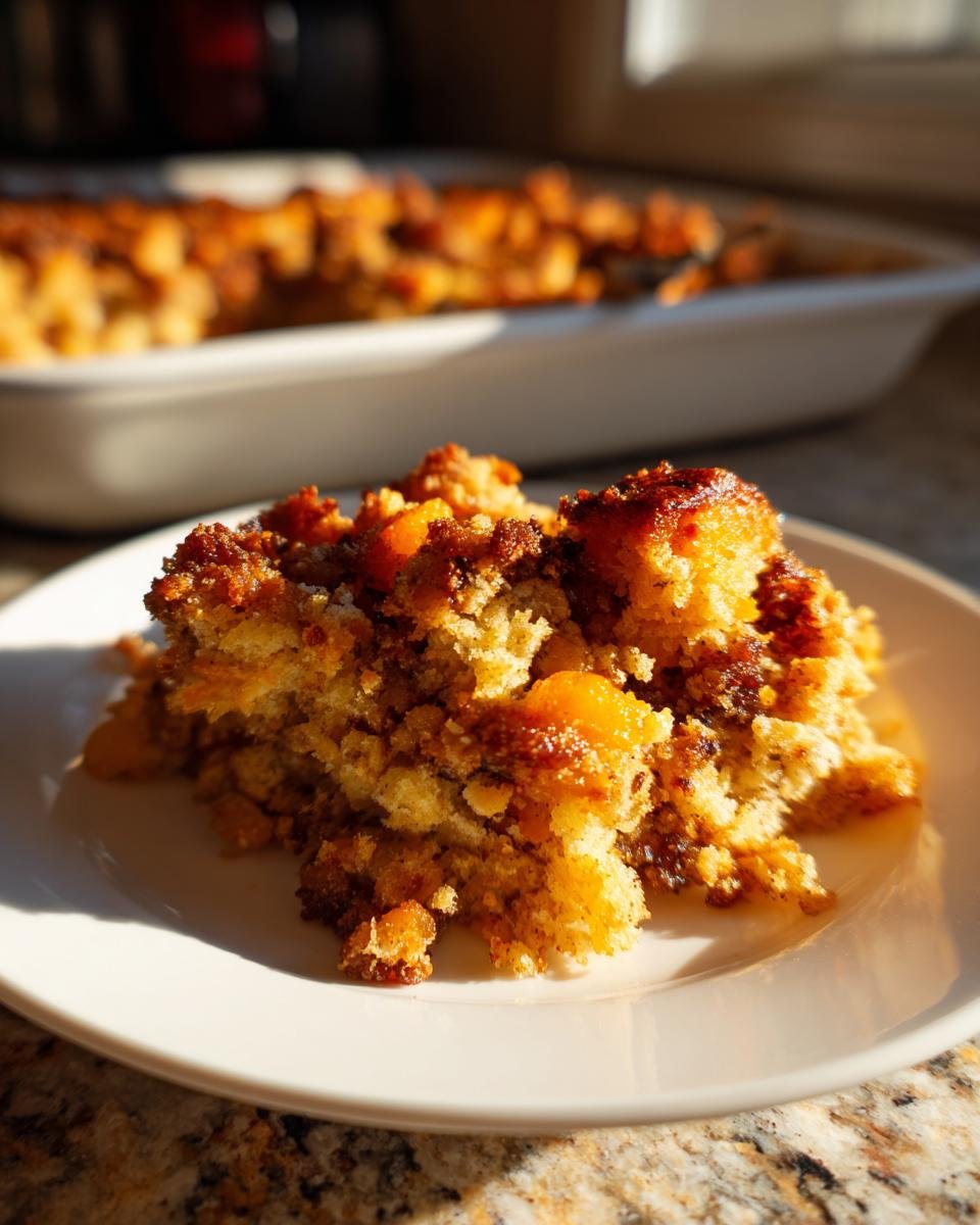 A close-up serving of the Irresistible Chorizo Dressing Casserole on a white plate, showing a golden, crumbly texture.