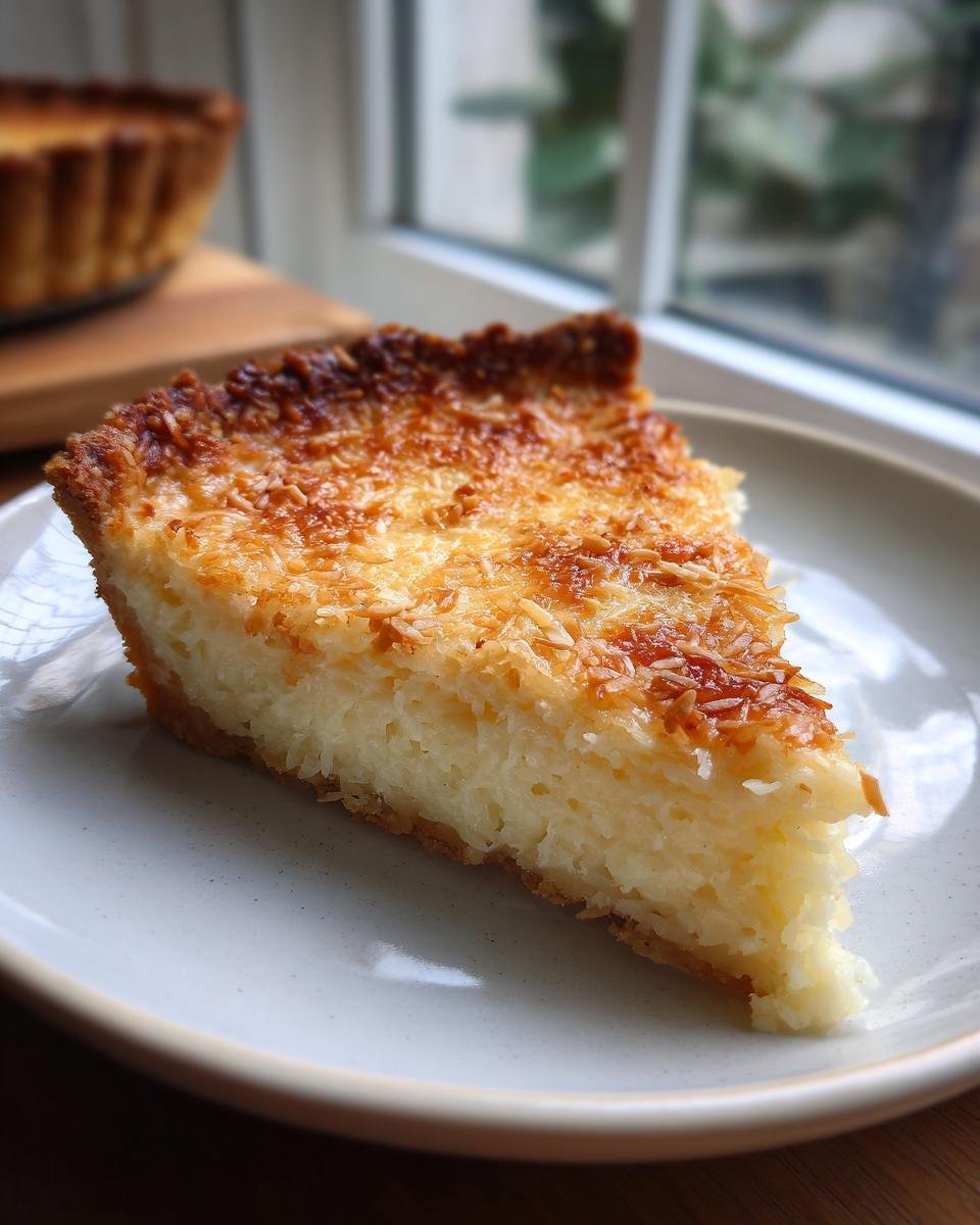 A close-up of a slice of Irresistible Coconut Custard Pie with a golden, toasted coconut topping.