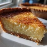 Close-up of a slice of Irresistible Coconut Custard Pie showing the creamy filling and toasted coconut topping on a white plate.