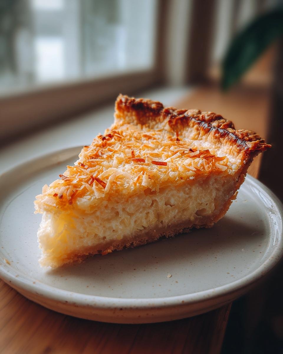 A close-up of a slice of Irresistible Coconut Custard Pie showing the creamy filling and toasted coconut topping.