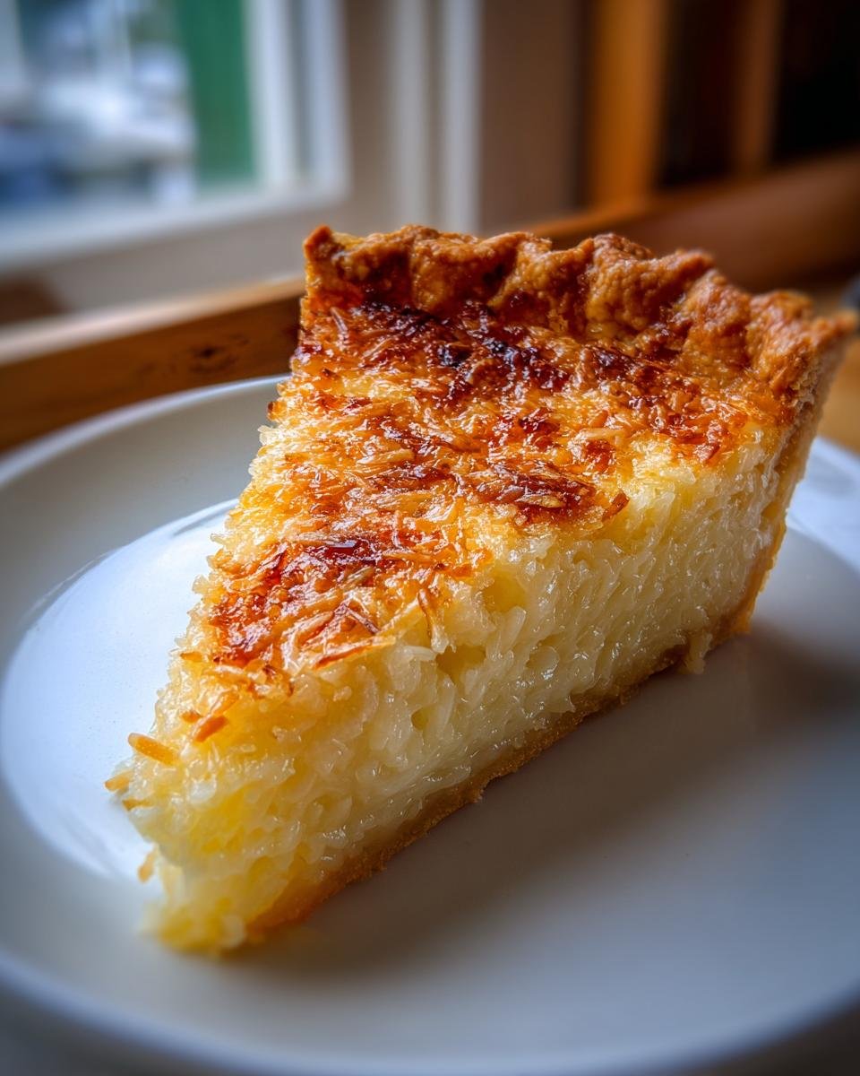 A close-up slice of Irresistible Coconut Custard Pie showing the creamy filling and toasted coconut topping on a white plate.