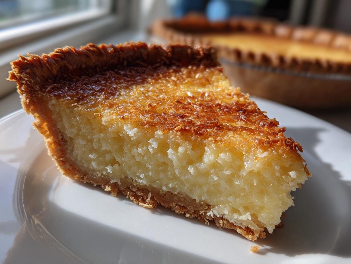 Close-up of a slice of Irresistible Coconut Custard Pie showing the creamy filling and toasted coconut topping on a white plate.