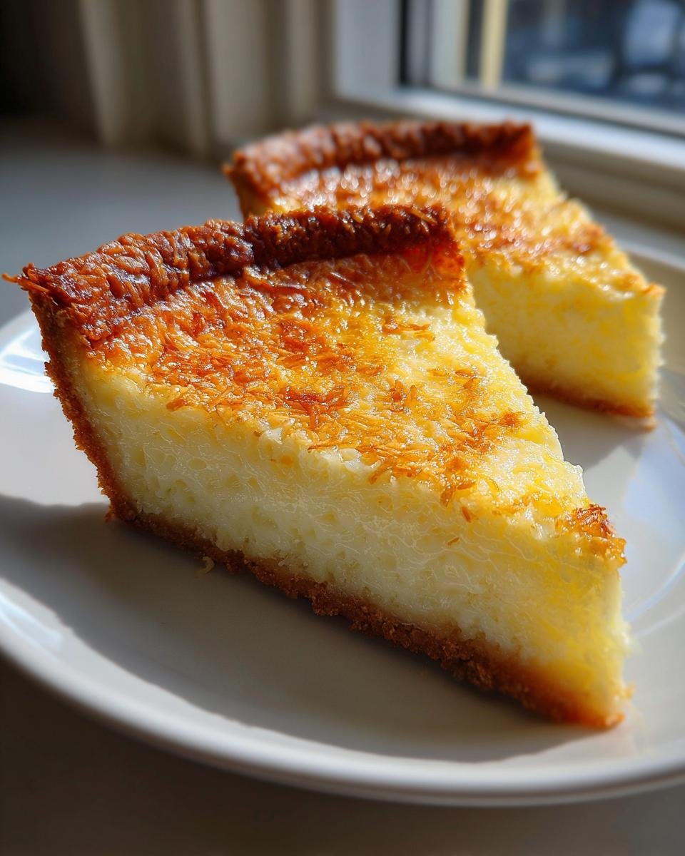 Two slices of Irresistible Coconut Custard Pie on a white plate, featuring a creamy yellow filling and a toasted coconut topping.