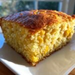 Close-up of a golden slice of Irresistible Cornbread Casserole, showing visible corn kernels throughout the moist texture.
