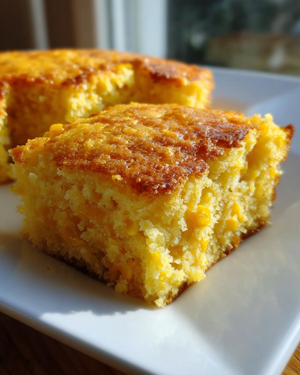Close-up of a golden slice of Irresistible Cornbread Casserole, showing visible corn kernels and a moist texture.
