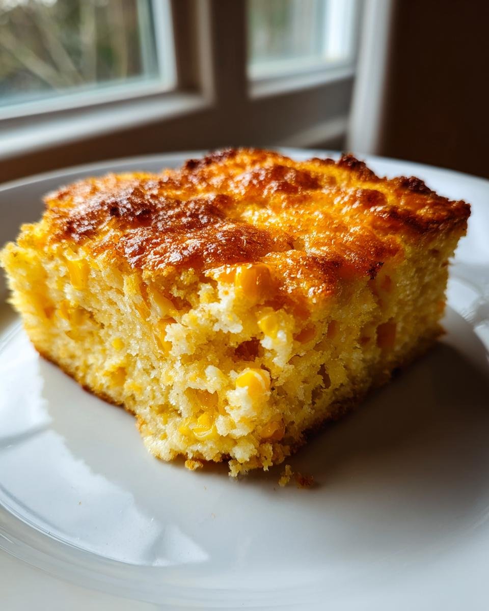 A close-up of a golden-brown square slice of Irresistible Cornbread Casserole on a white plate.