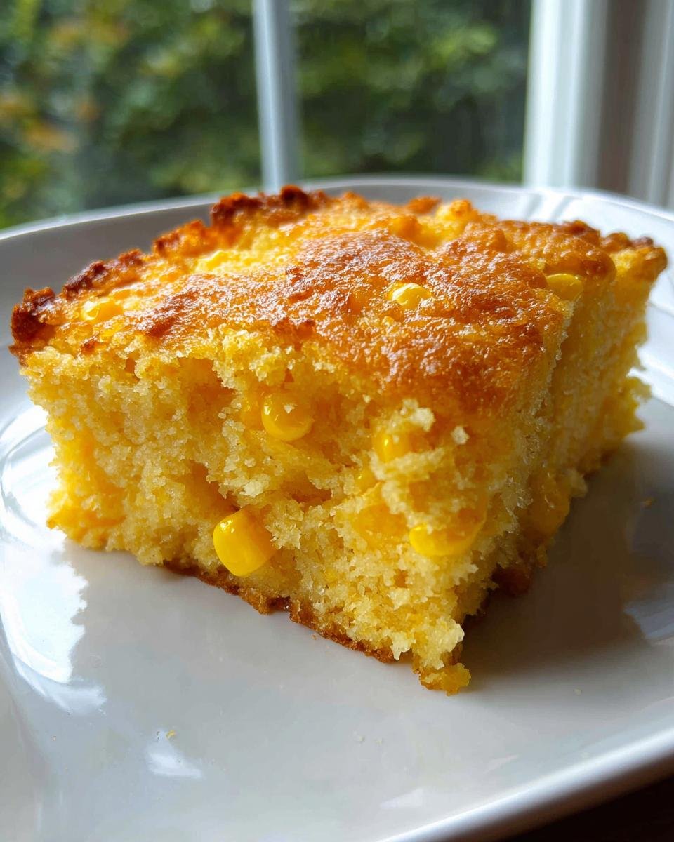 A close-up of a golden slice of Irresistible Cornbread Casserole featuring visible sweet corn kernels.