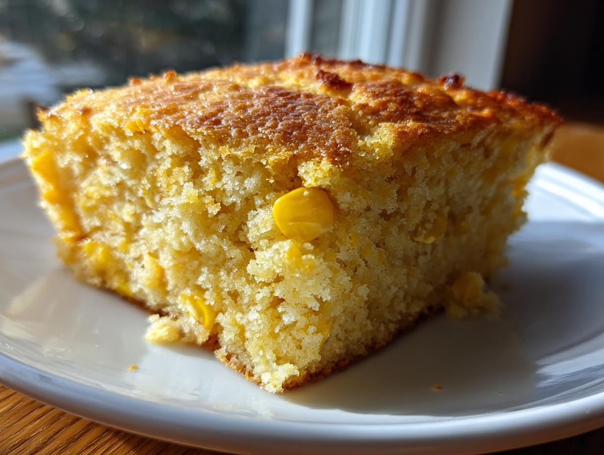 Close-up of a golden slice of Irresistible Cornbread Casserole featuring visible corn kernels, served on a white plate.