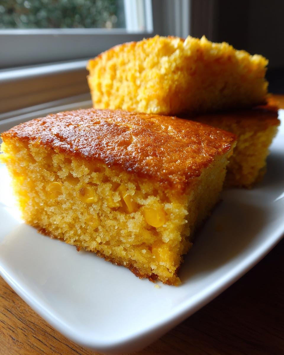 Close-up of moist slices of Irresistible Cornbread Casserole featuring visible whole corn kernels on a white plate.