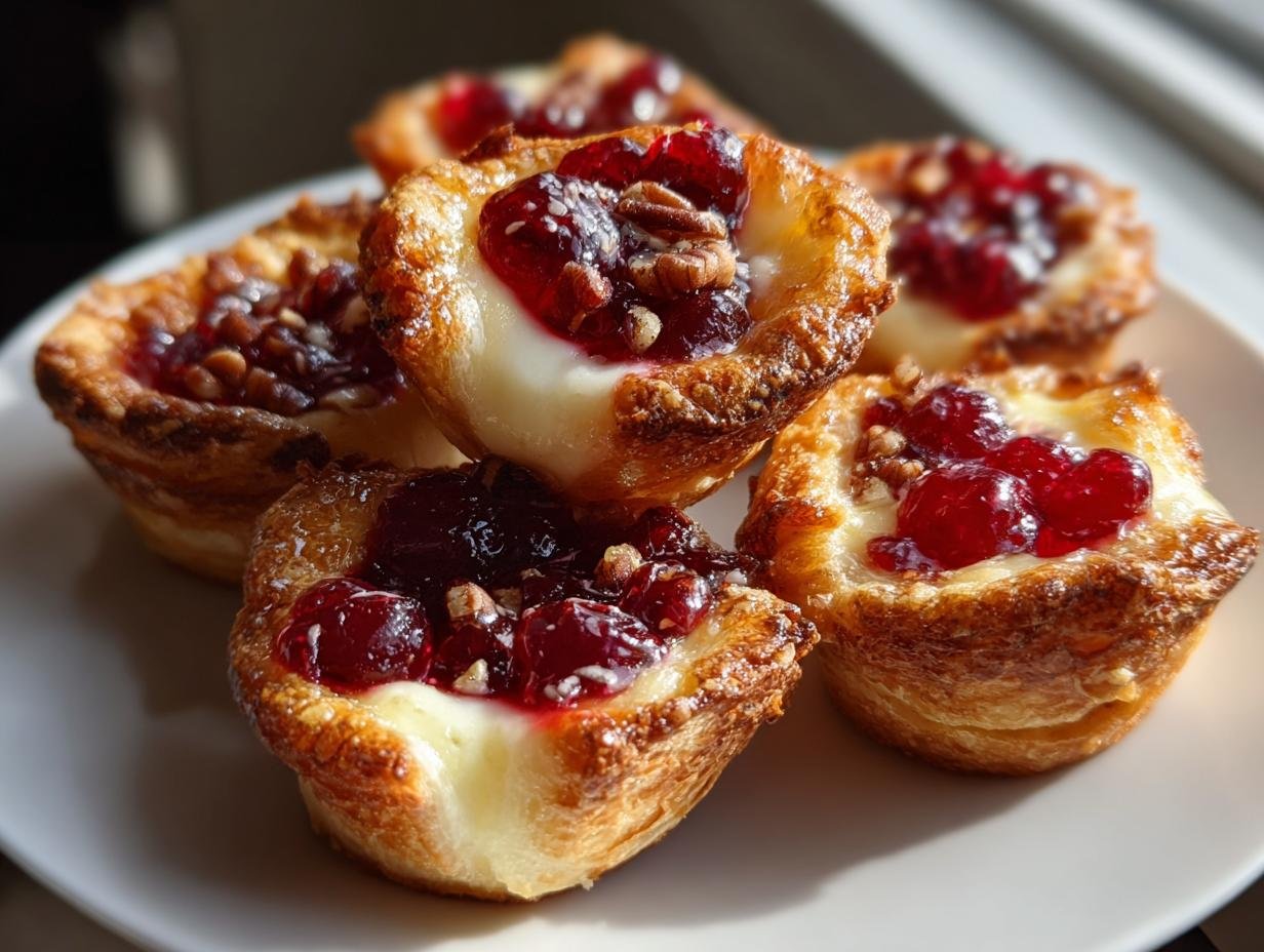 Close-up of several Irresistible Cranberry Brie Bites featuring flaky pastry, melted brie, and cranberry topping with pecans.
