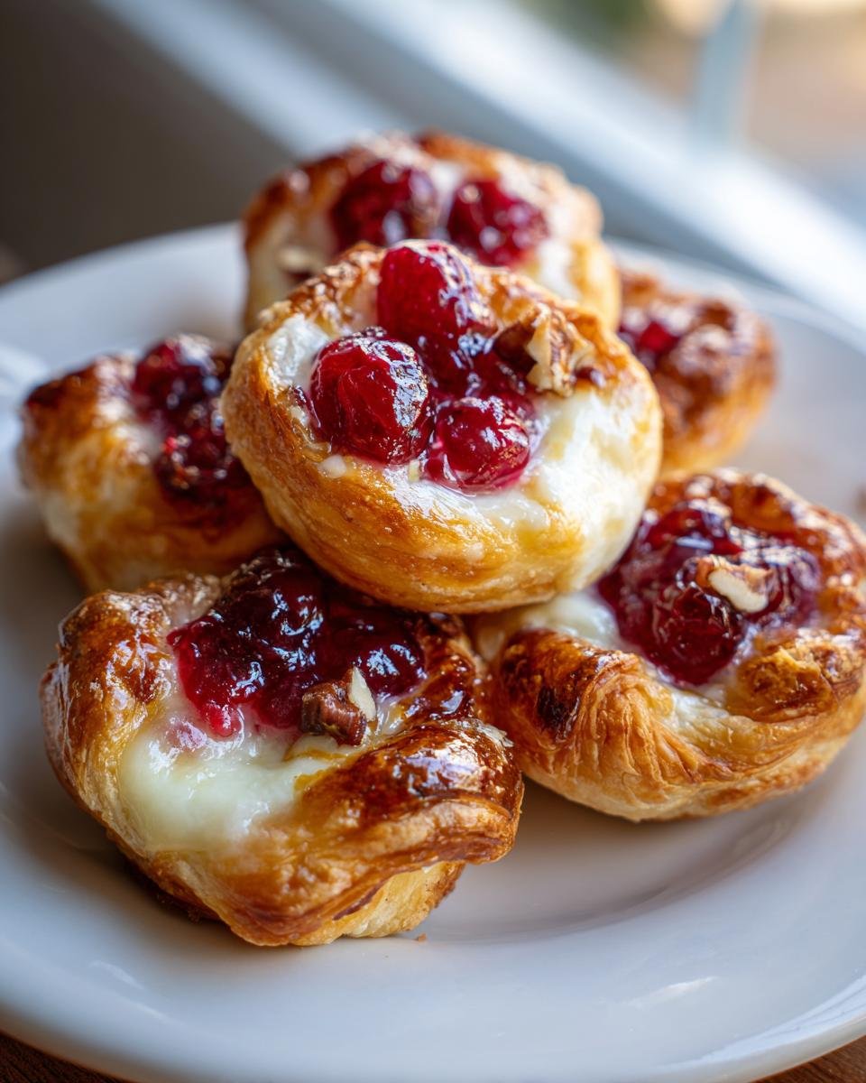 A stack of golden, flaky Irresistible Cranberry Brie Bites topped with melted brie, cranberry sauce, and pecans.