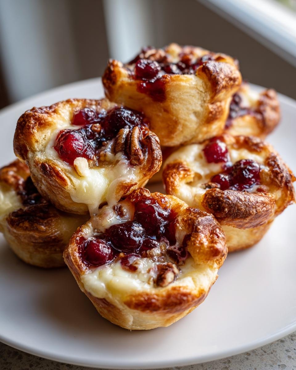 Close-up of warm, flaky Irresistible Cranberry Brie Bites stacked on a white plate, showing melted brie cheese.