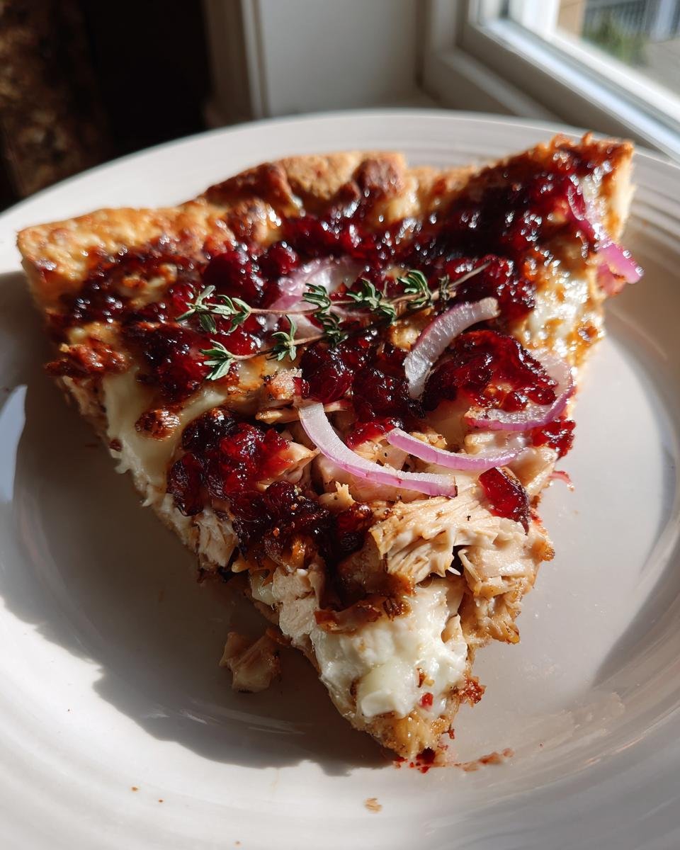 Close-up of a slice of Irresistible Cranberry Chicken Brie Pizza topped with cranberry sauce, brie, chicken, and red onion.