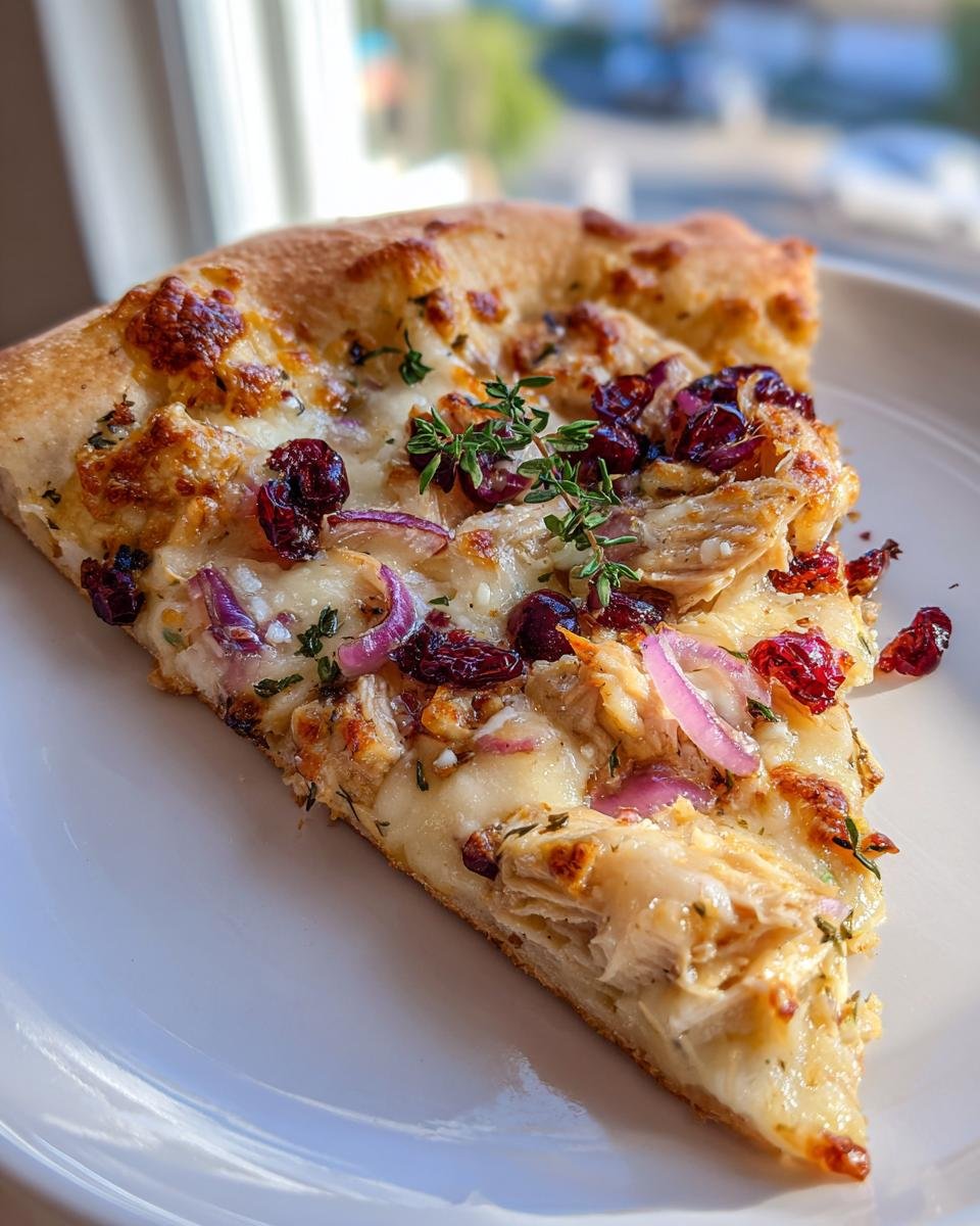 A close-up slice of Irresistible Cranberry Chicken Brie Pizza topped with melted brie, chicken, red onion, and dried cranberries.