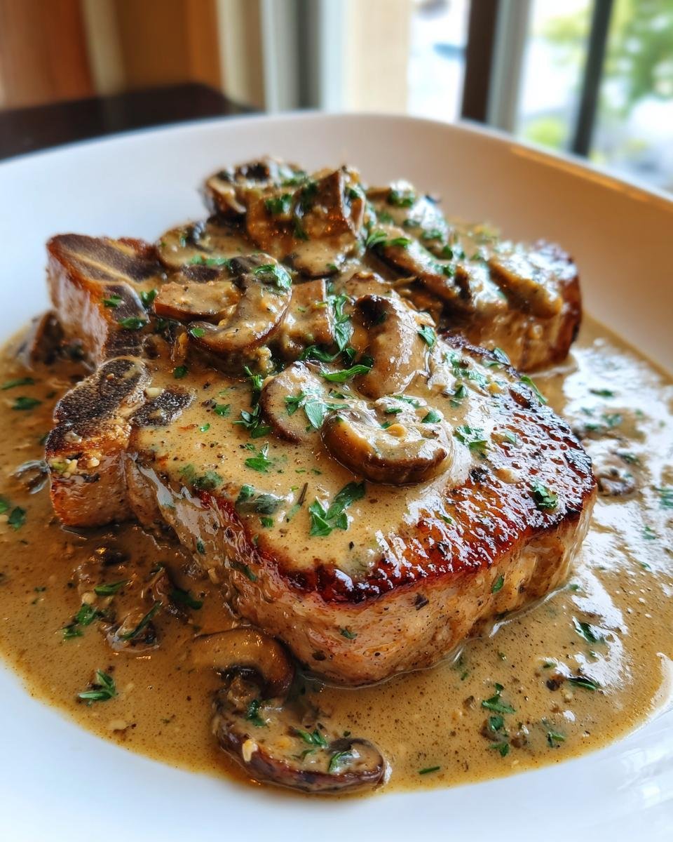 Two thick, seared pork chops smothered in a rich cream of mushroom sauce and garnished with fresh parsley.