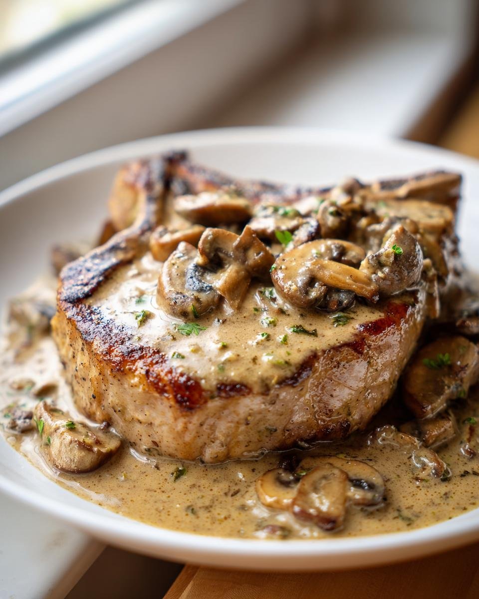 A perfectly seared pork chop smothered in a rich, creamy mushroom sauce, ready to serve.