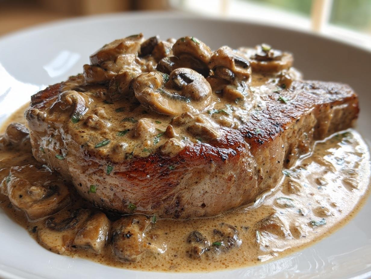 A perfectly seared pork chop smothered in rich, creamy mushroom sauce, featuring sliced mushrooms.