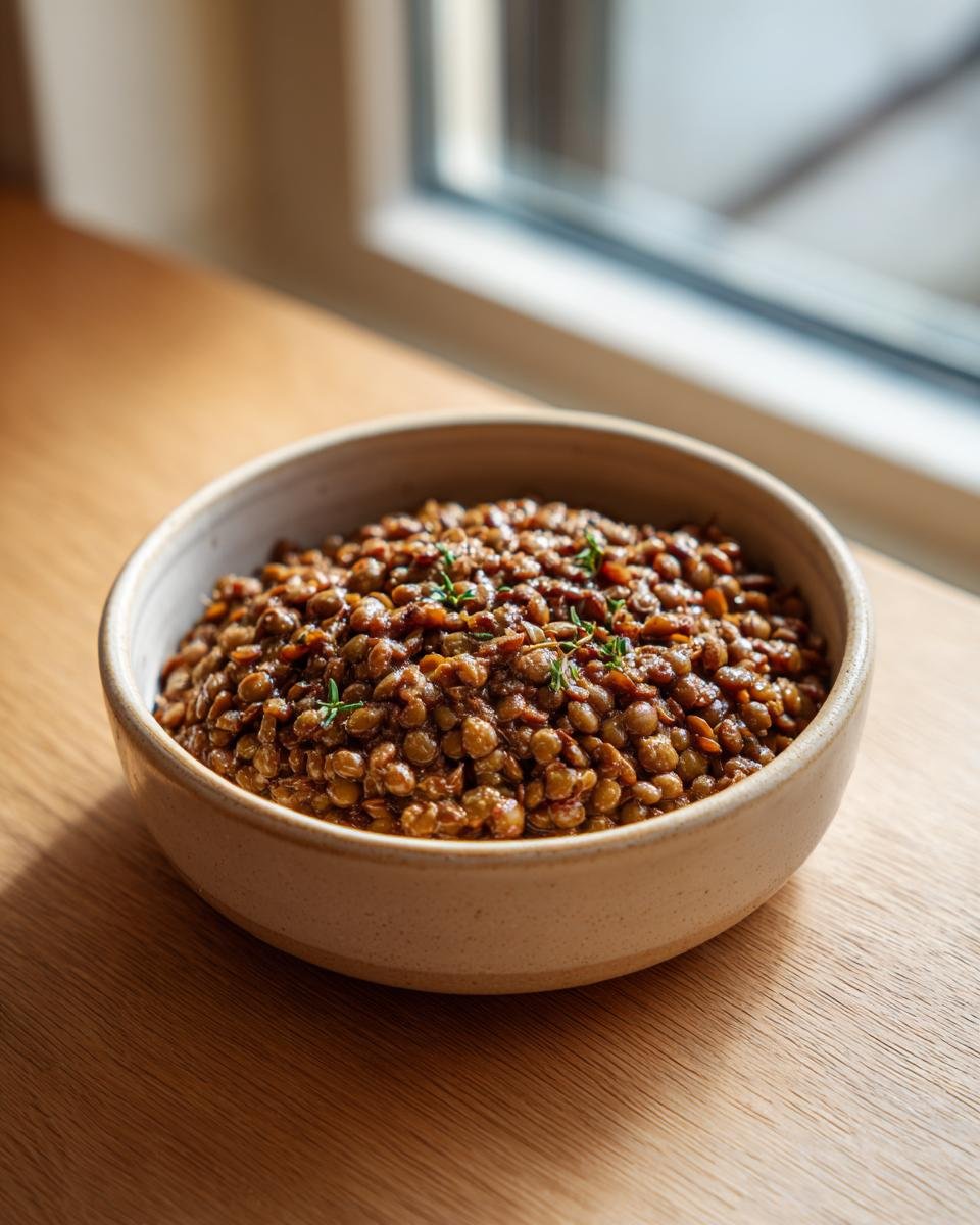 A close-up of a beige bowl filled with Irresistible Creamy Marry Me Lentils, garnished with thyme sprigs.