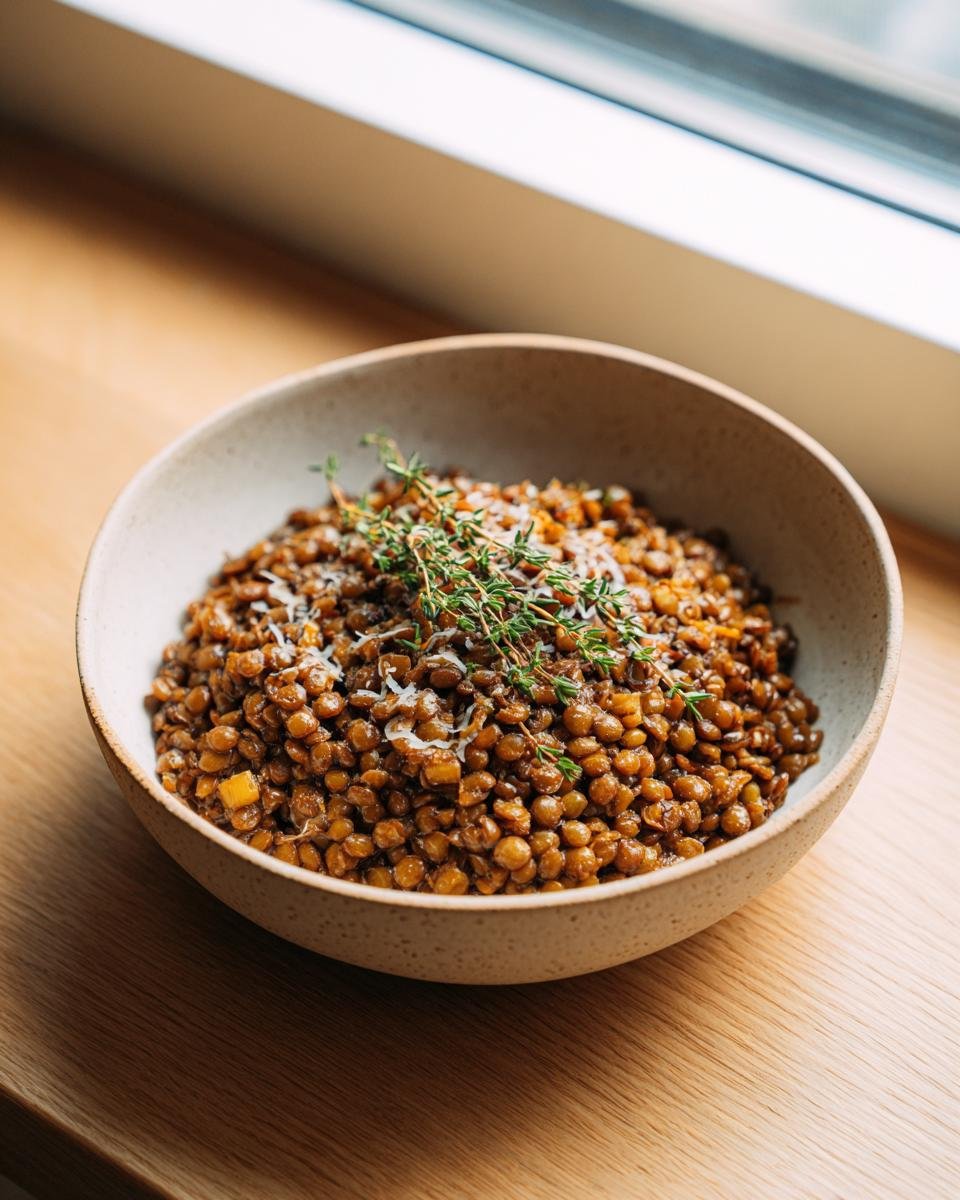 A close-up of Irresistible Creamy Marry Me Lentils Recipe topped with fresh thyme and grated cheese.